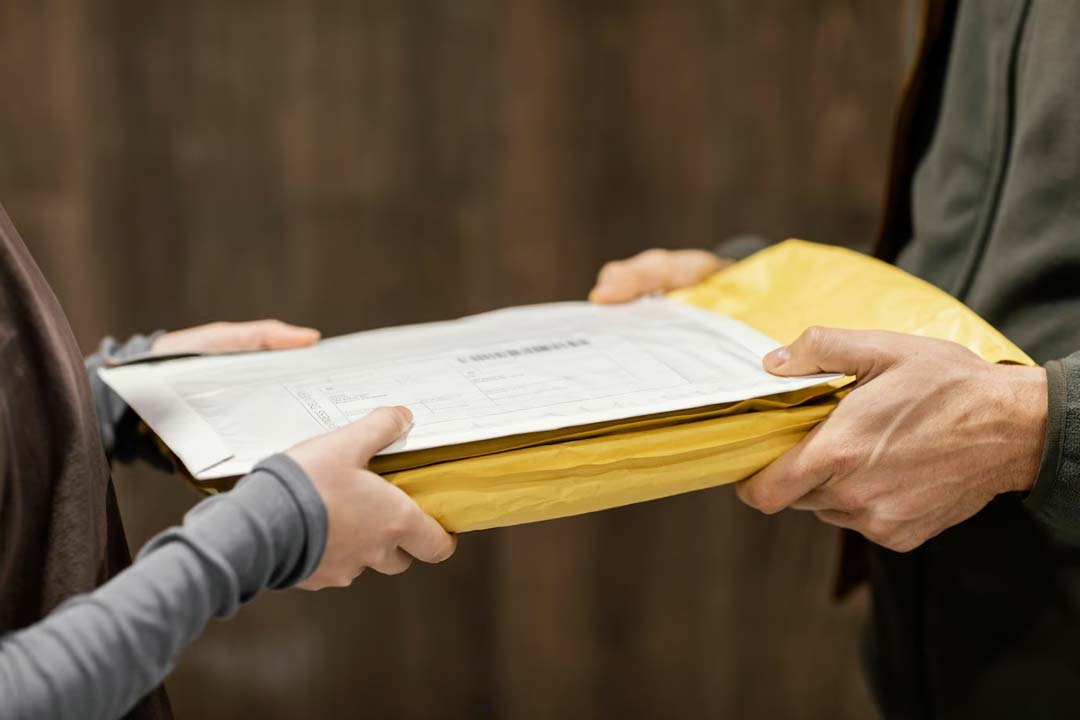 Mãos de executivo entregando documentação e envelope para empresária